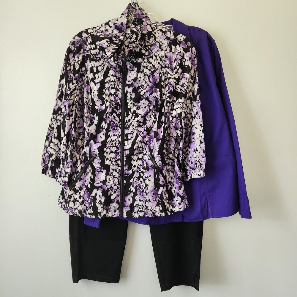 Chico's Jacket Shirt Pants 3 Piece Set 2 (L) Black Purple Elevated Basics Travel